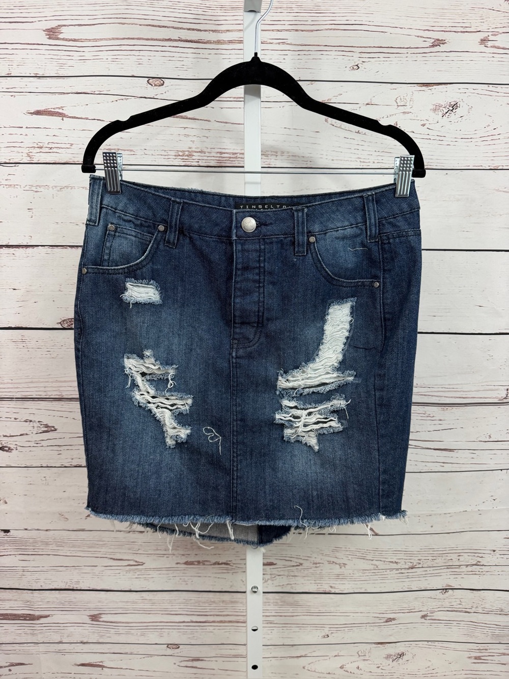 Tinseltown Distressed Dark Blue Denim Mini Skirt Size Medium